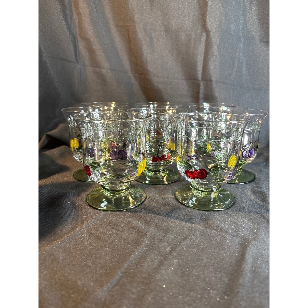 Set of 8 Footed‎ Dessert Glasses with Cherry and Leaf Design